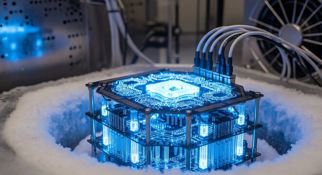 Advanced Quantum Computing Processor Cooled With Extreme Cryogenic Temperatures Inside A Laboratory Setting Demonstrating Future Technological Capabilities For High Speed Data Processing And