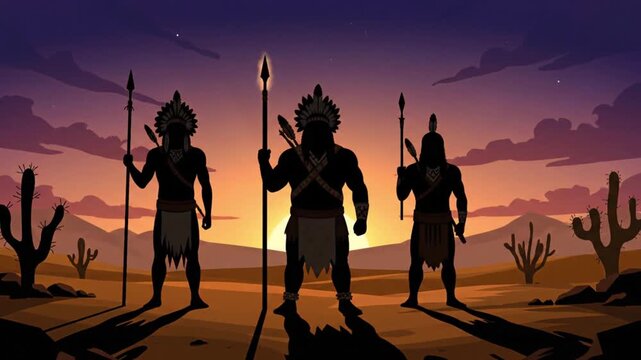 Three ancient warriors in desert landscape holding spears and shields under a dramatic sunset sky with cacti in the background.