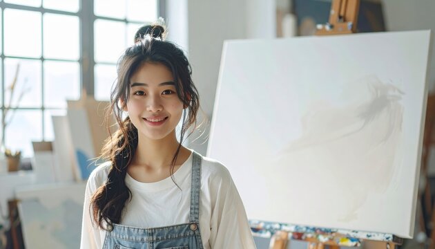 Young Artist Standing Beside A Blank Canvas In A Bright Art Studio Setting