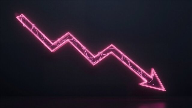 Neon pink arrow graph shows fluctuating trends against a dark background.