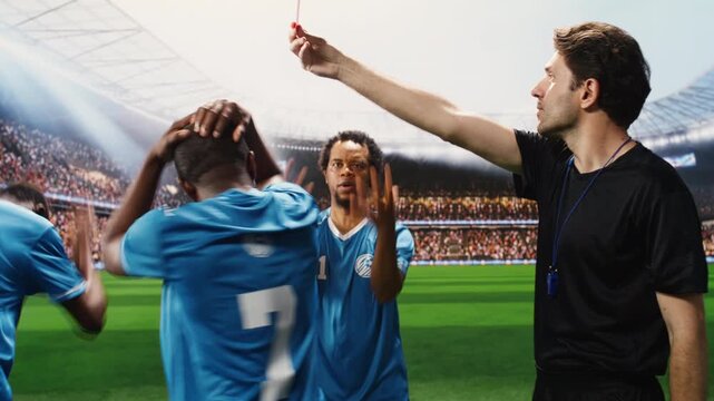 Soccer referee holding yellow and red cards after a foul, sanctioning disciplinary action and foul sanction on pitch, player sent off in controversy.