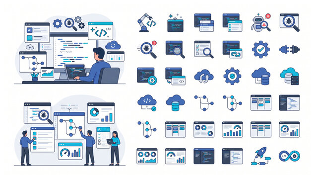 Software Engineering Team Coding Database Management Applications with Vector Icon Set