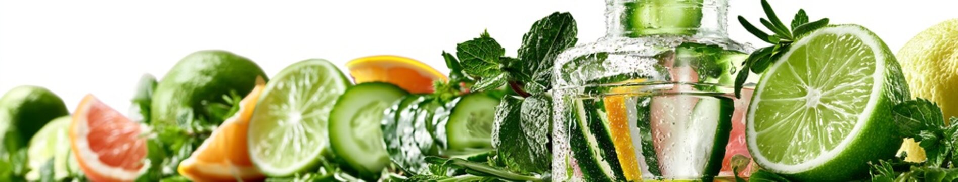 Refreshing Drink Wide close up banner of sliced citrus, cucumber and fresh mint with a chilled glass bottle covered in condensation on white background