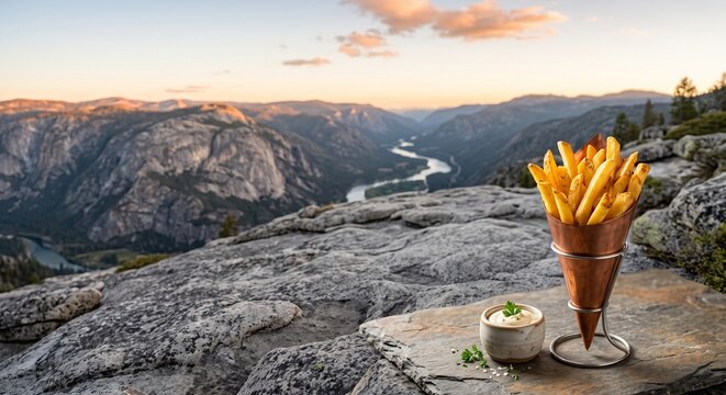 French fries in a copper cone with dipping sauce resting on a rock ledge overlooking a dramatic deep valley canyon at sunset