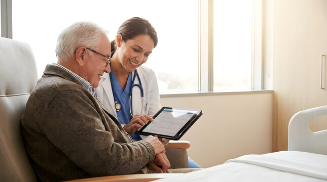Doctor explains medical results on a digital tablet to an elderly male patient sitting in a hospital room.