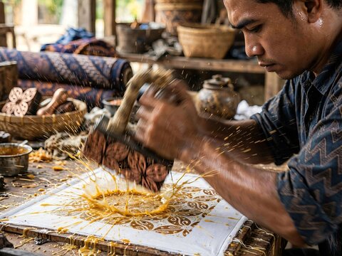Indonesian artisan using a traditional copper stamp to apply hot liquid wax onto fabric with a dramatic splash while making traditional batik textile