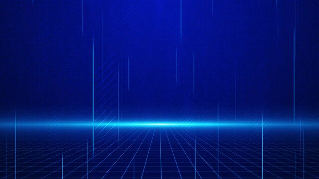 Digital grid floor future background bright horizon glow, arrow projection, and sleek blue 19 depth. sci fi scenes, product displays, app promos, data explainers, and futuristic video loops.