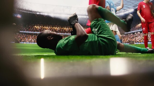 Blurred motion of footballer hitting ball and net in front of goalkeeper, player in motion attacking to score goal, goalie defending and blocking goal post by striker, attack action.