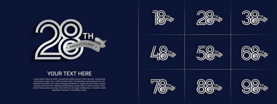 Anniversary logo set with double line number style. silver color with silver ribbon can be use for special moment