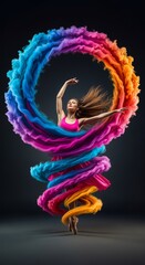 Obraz premium Vibrant portrait of a slender dancer in motion with colorful smoke trails and dramatic lighting