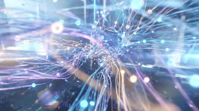 Abstract glowing digital network of interconnected lines and nodes.