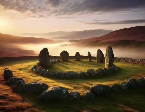 an atmospheric photography of an ancient irish stone circle surrounded by misty hills and soft light evoking a sense of mystery and history