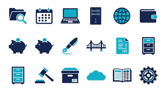A collection of eighteen professional business and technology icons in a two-tone blue and teal color scheme, featuring office and data symbols.
