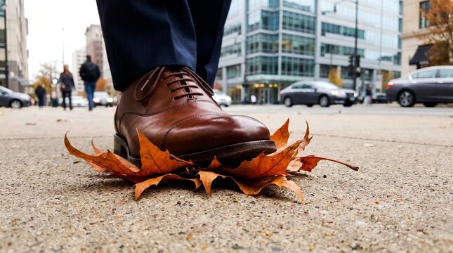 Brown Leather Business Shoe Stepping on Autumn Leaves in City Street