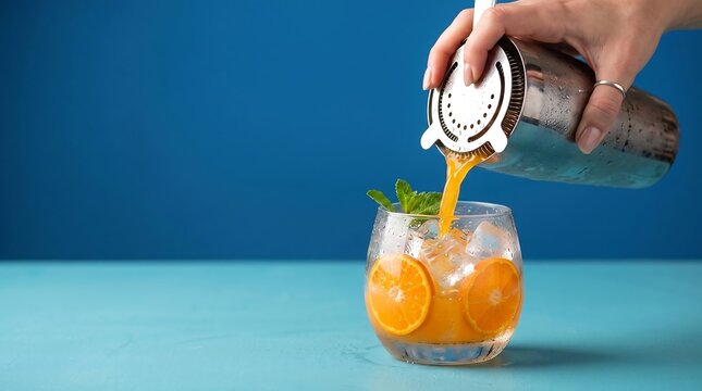 Pouring fresh orange cocktail from shaker into glass with ice