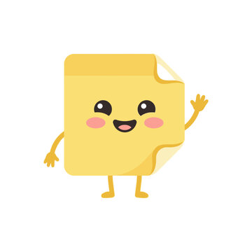 Cute Cartoon Yellow Sticky Note Mascot Waving. Happy Kawaii post-it character for office reminders and organization. Flat vector illustration isolated on white.