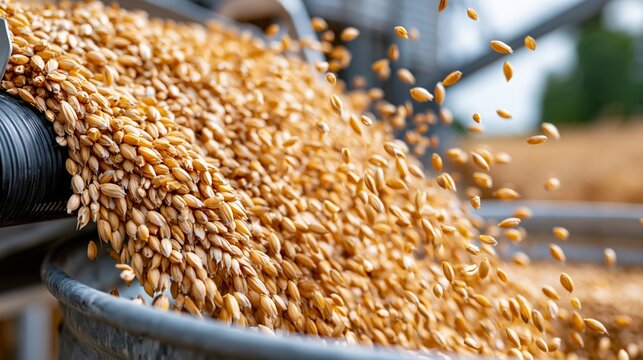 Wheat falls from conveyor belt into container in farm during harvest time for crop storage and supply chain management Generative AI