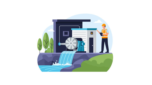 Hydroelectric Power Plant Vector Illustration with Engineer Monitoring Water Turbine
