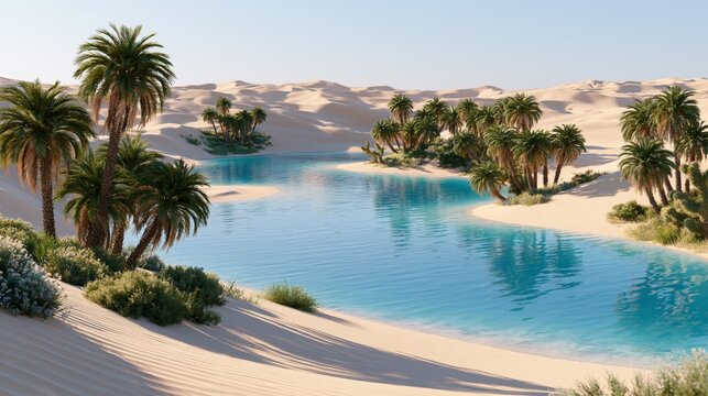 Wide desert oasis with water pools and palm trees surrounded by sand dunes at midday Generative AI
