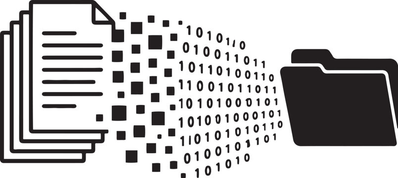 Paper files disintegrating into digital pixels and binary code flowing to secure storage folder vector design
