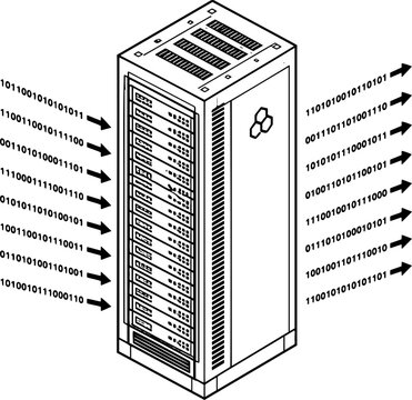 3D isometric enterprise server rack with bidirectional binary data flow for networking and cybersecurity vector design