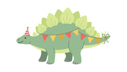 PrintCute cartoon stegosaurus dinosaur wearing party hat and birthday bunting flag decoration isolated on white background © Ruma