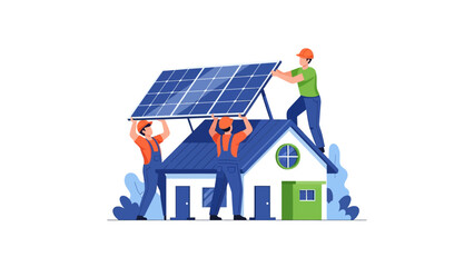 Fototapeta premium Solar Panel Installation Workers on House Roof Illustration