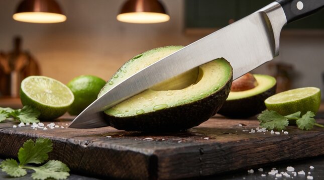 Fresh avocado sliced with knife on wooden cutting board in kitchen