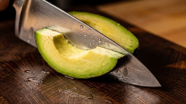 Sharp Kitchen Knife Slicing Fresh Green Avocado on Wooden Board