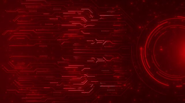 Crimson digital circuit board visual red neon paths, glowing dots, and circular interface elements. 19 presentations, cyber intros, electronic systems, processor concepts, motion backgrounds.