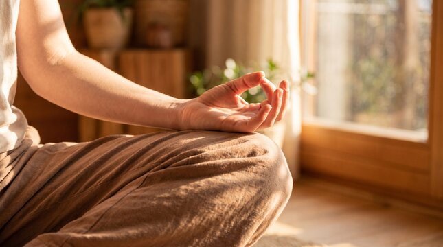 Close up of woman meditating in lotus position at home in sunlight