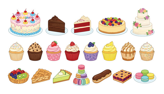 Cake and cupcake vector illustration set with chocolate slice red velvet birthday cake wedding tier macaron eclair and fruit tart