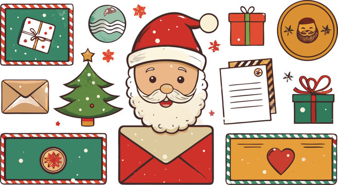 Vintage Christmas Postage Stamp and Holiday Postcard Vector Set with Retro Santa Claus, North Pole Labels and Festive Postal Elements
