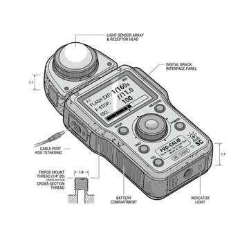 Handheld digital exposure meter technical diagram for professional photography calibration.