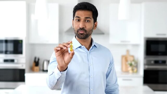 Man holding a small keychain fob while standing in a modern kitchen with white cabinets and countertops.