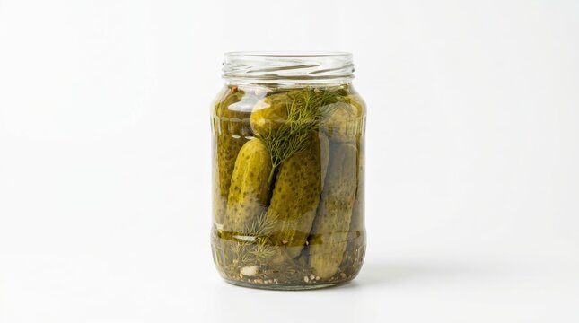 A glass jar filled with whole dill pickles and fresh dill sprigs a preserved food
