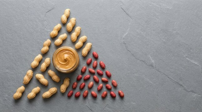 A glass jar of creamy peanut butter is surrounded by peanuts in their shells and shelled peanuts arranged in a triangle