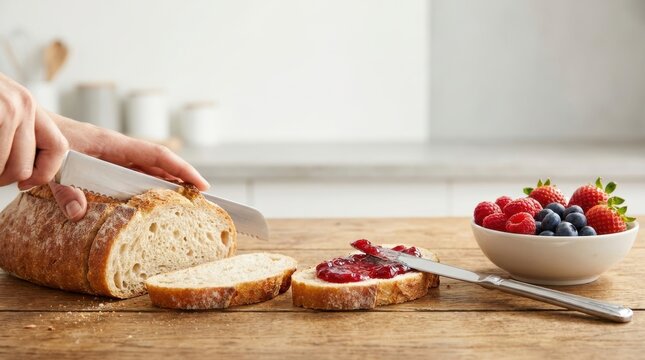 Hands slicing rustic bread with jam spread slice and bowl of fresh berries loaf knife
