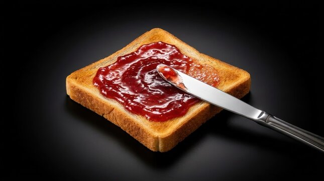 Toasted bread slice generously spread with red jam and a metal knife jelly fruit spread