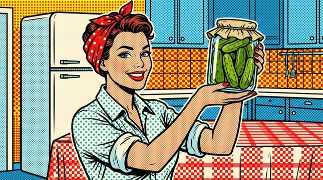 Smiling woman in retro style holding a jar of pickles in a vintage kitchen happy