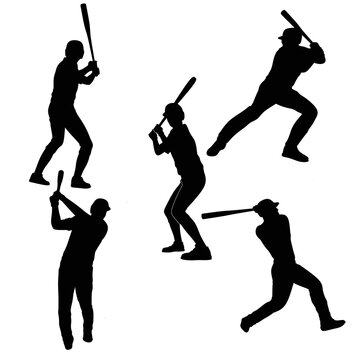 Baseball player sillhouette set vector on white background, sillhouette player baseball pose design set, baseball player pose sillhouette design collection,black baseball pose set stock illustration