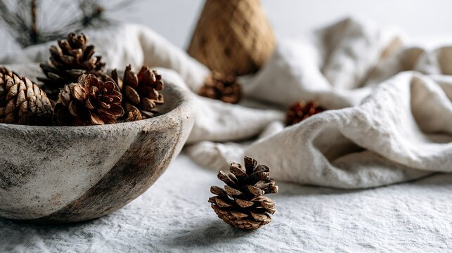 Holiday Ecommerce Pine cones in a wooden bowl on crumpled linen fabric with neutral tones and rustic tabletop styling