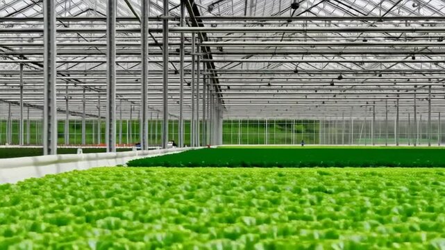 Hydroponic crops thrive inside a vast industrial greenhouse with advanced climate control systems.