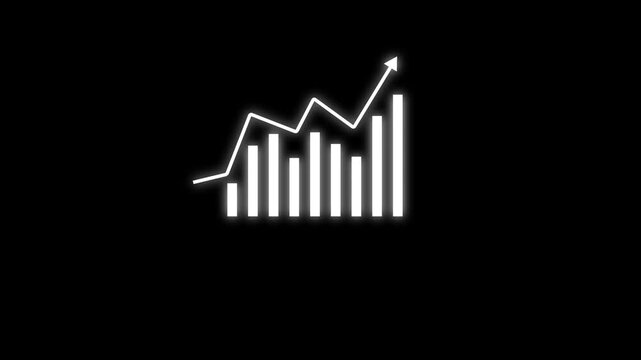 business and finance growth bar graph animation featuring rising chart columns and an upward trend line in glowing neon line style. Ideal for financial reports, investment presentations, stock market