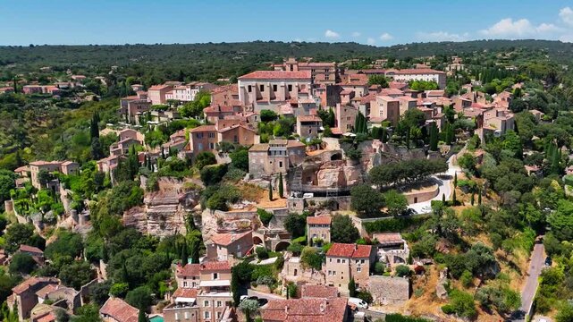 Aerial drone view Gordes commune on top of a hill. Provence-Alpes-Cote d'Azur region. High quality 4k footage