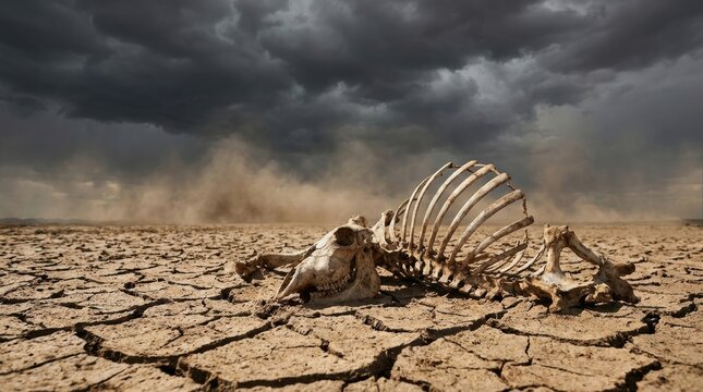 Animal skeleton lies in cracked dry earth under stormy dusty sky Global Warming Climate Change