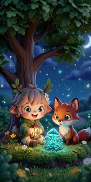 Cute forest child with fox holding glowing lantern beside magical mushrooms under moonlit tree whimsical fantasy vertical mobile wallpaper