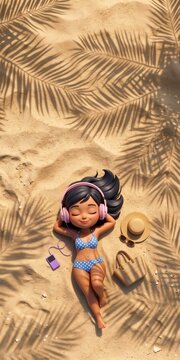 Cute girl relaxing on sunny beach with headphones listening to music surrounded by palm shadows summer vacation vertical mobile wallpaper