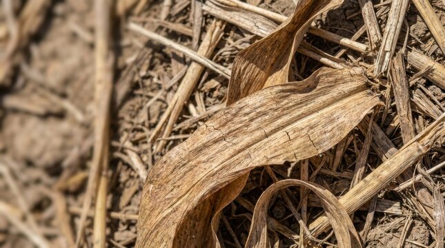 Close up of dried corn leaves and stalks lying on the earth in natural light Global Warming