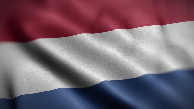 Cinematic close-up of a waving Netherlands flag, 4k resolution. High-quality patriotic background featuring soft motion and vibrant colors